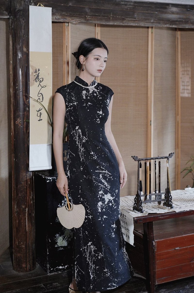 驳 扎染桑蚕丝改良旗袍连身裙 手工製 - 洋装/连衣裙 - 其他材质 黑色