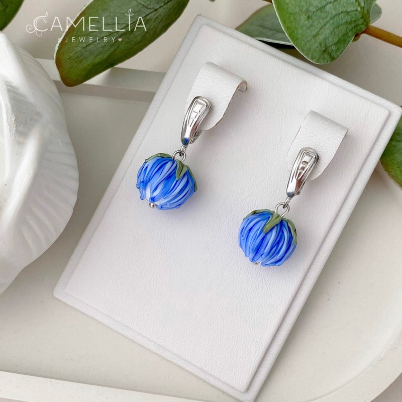 Clover Plant Blue Earrings: Original Handmade 925 Silver Jewelry - 耳环/耳夹 - 纯银 蓝色