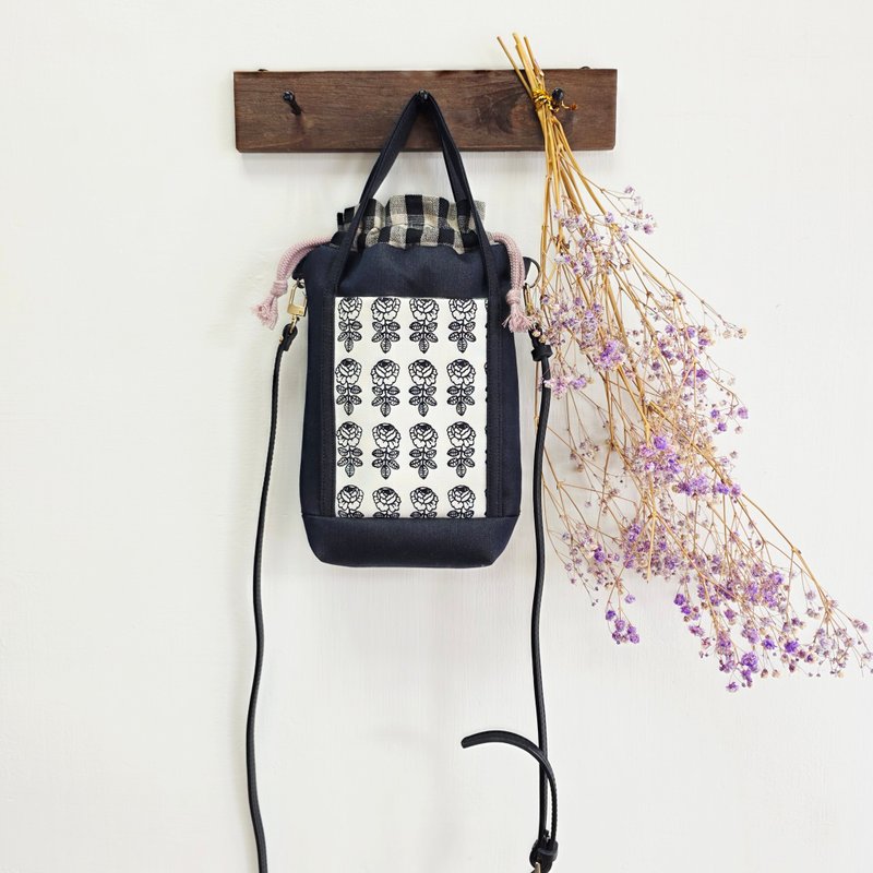 婚礼玫瑰布束口手提斜挎手机包×真皮背带×多层收纳 - 侧背包/斜挎包 - 棉．麻 黑色