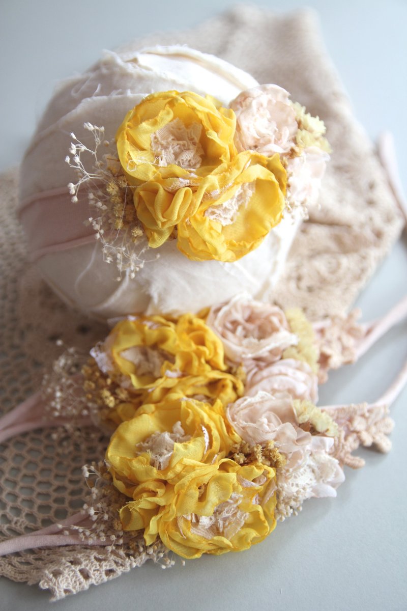 婴儿头带 宝宝头带 婴儿头饰 头饰 弥月礼物 弥月头饰 百日宴头饰 - 婴儿帽/发带 - 棉．麻 黄色