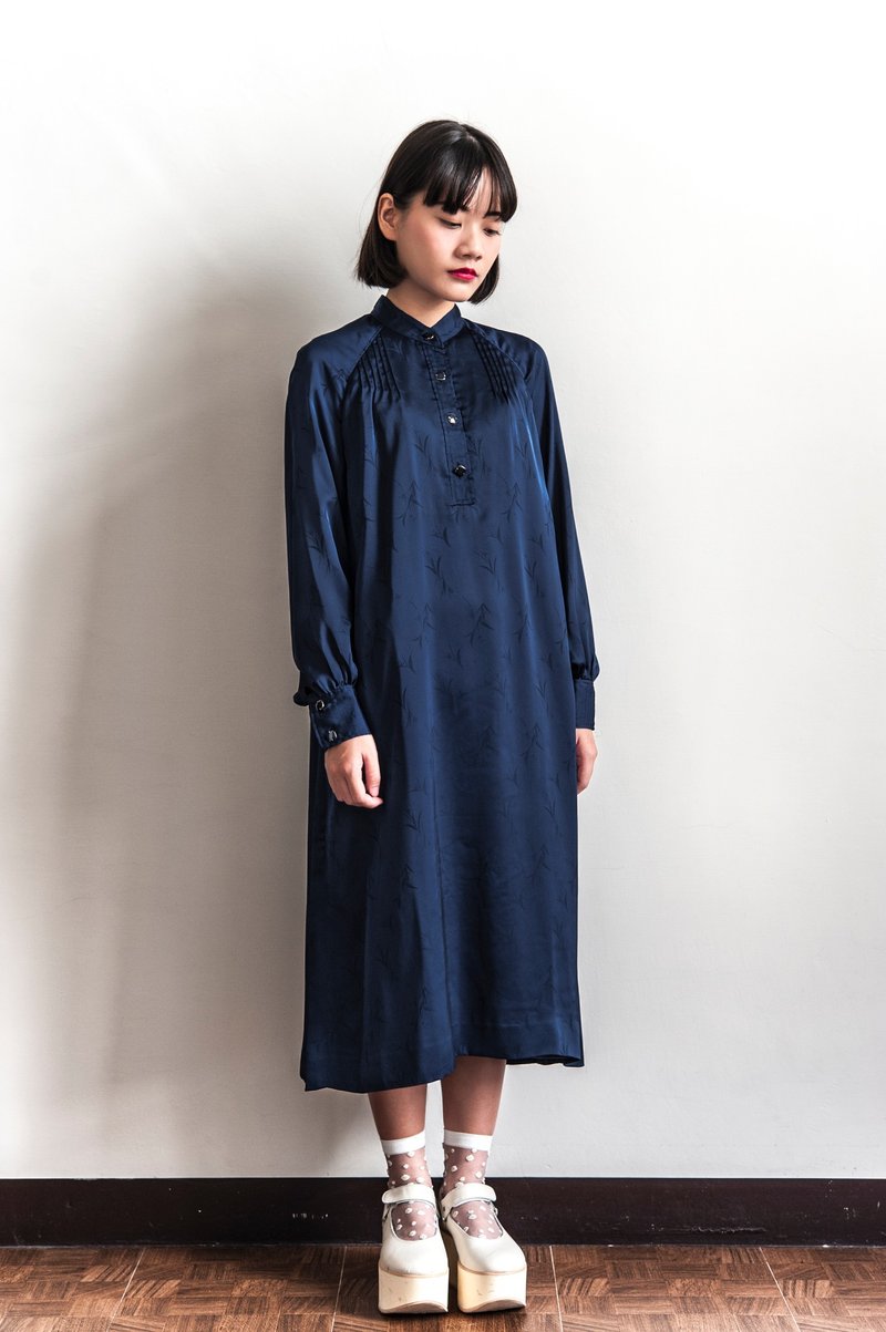 Vintage 深蓝系打褶古着长袖洋装 - 洋装/连衣裙 - 聚酯纤维 蓝色