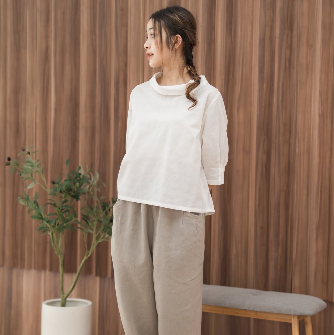四分袖衬衫 舒适纯棉 - White - 女装上衣 - 棉 白色