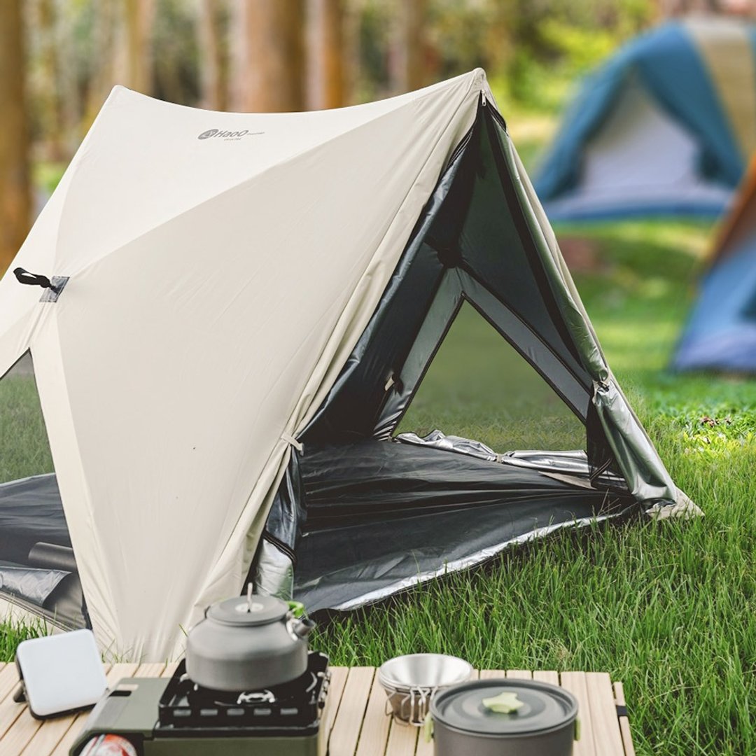 HaoO EasyCAMP 快速三角帐篷 | 隔热涂层 网纱通风 - 露营用品 - 木头 金色