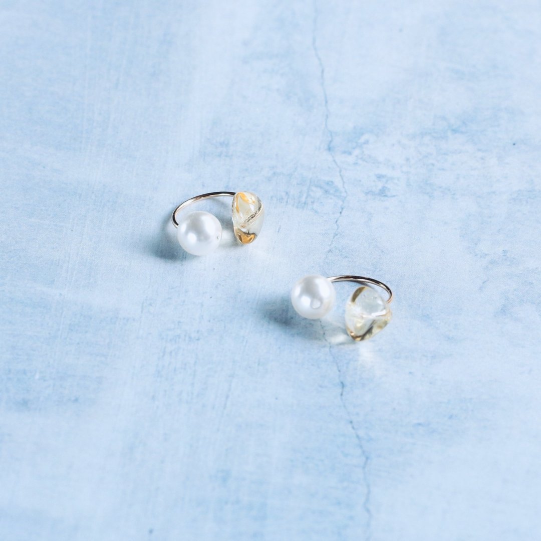 14kgf Citrine Swarovski Pearl 2Way Ear cuff - 耳环/耳夹 - 半宝石 黄色