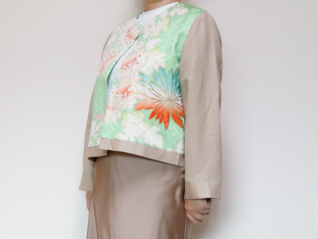 KIMONO CREW NECK JACKET - 以古董和服制成的独一无二圆领夹克 - 女装休闲/机能外套 - 聚酯纤维 绿色