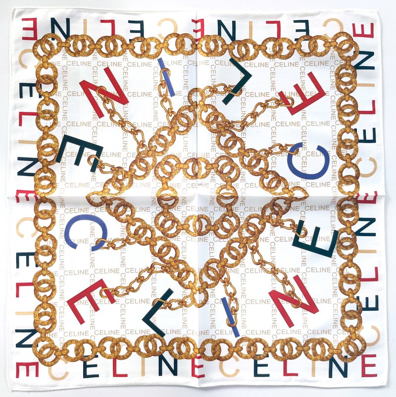 Celine 复古丝巾 金色链条图案 - 白色手帕 20 x 19.5 英寸 - 手帕/方巾 - 棉．麻 金色