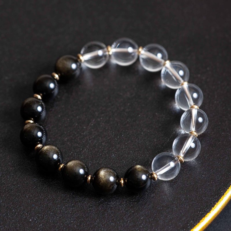 白水晶黑曜石手链|黑曜石14k包金手链 天然石水晶定制化礼物 - 手链/手环 - 半宝石 透明
