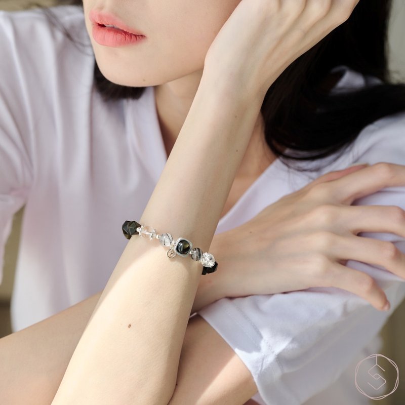 亚勒斯 | 金曜石 黑发晶 白水晶 S925纯银 | 天然水晶手链 - 手链/手环 - 水晶 黑色