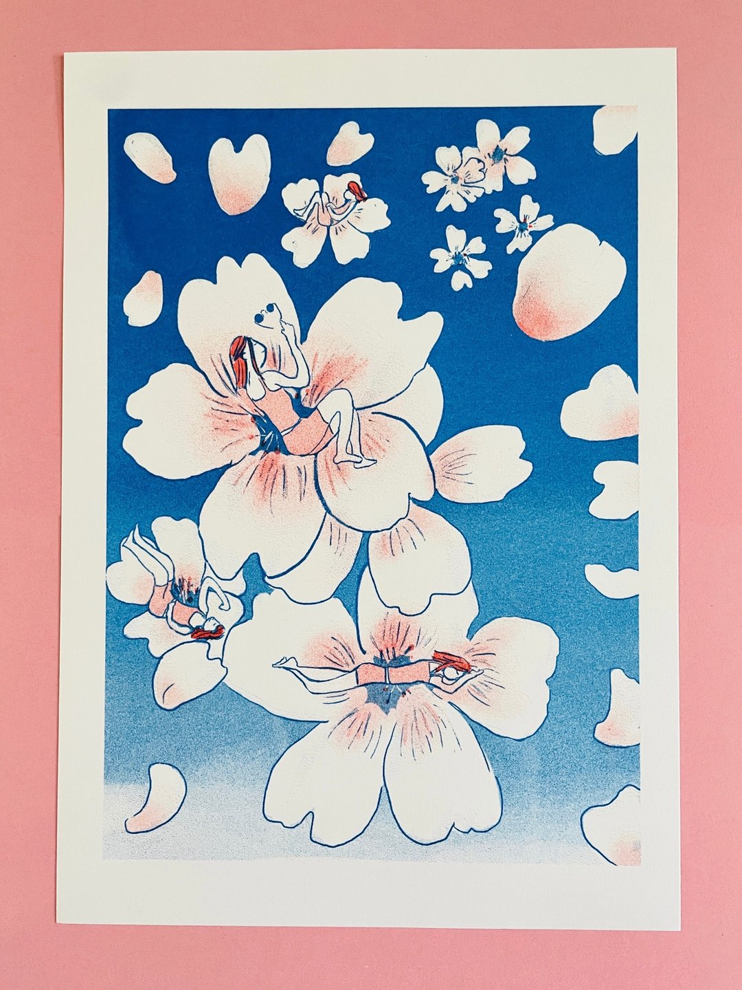 A4 Risograph Print. Cherry Blossom Spring Floral Dreams Riso - 海报/装饰画/版画 - 纸 蓝色