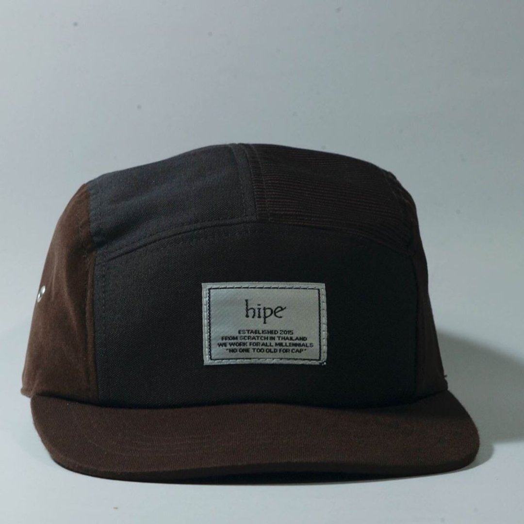 brown and black patchwork 5panel cap - 帽子 - 棉 咖啡色