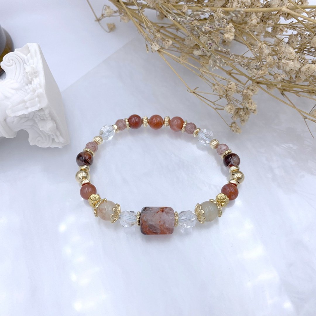 红霞晚照 / 红胶花 樱花玛瑙 南红玛瑙 白水晶 草莓晶 水晶手链 - 手链/手环 - 其他材质 红色