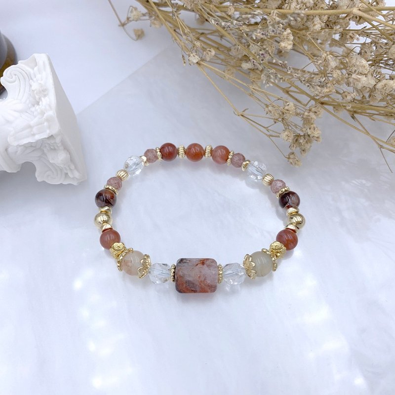 红霞晚照 / 红胶花 樱花玛瑙 南红玛瑙 白水晶 草莓晶 水晶手链 - 手链/手环 - 其他材质 红色