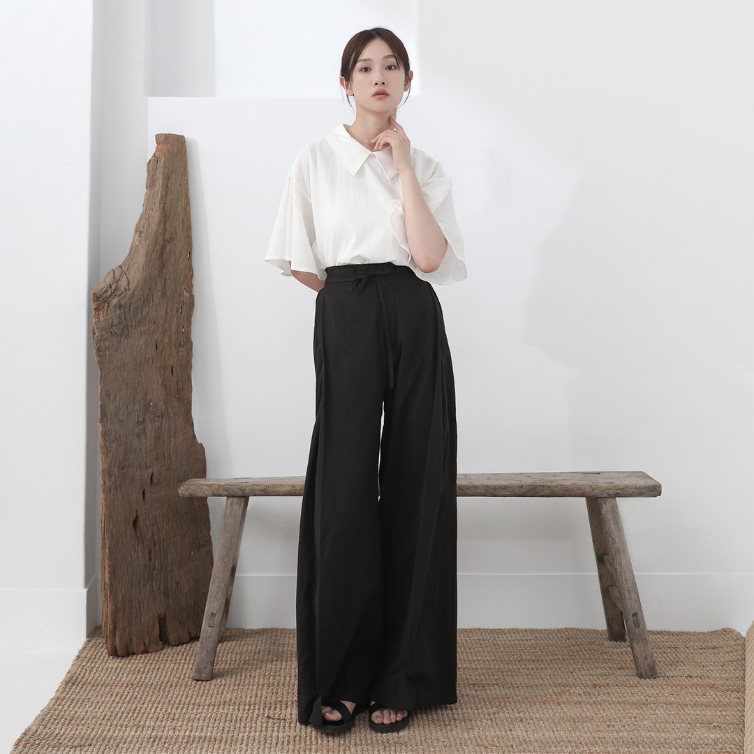 Tianbian_天边棉麻褶片宽裤_23SF210_黑 - 女装长裤 - 棉 黑色
