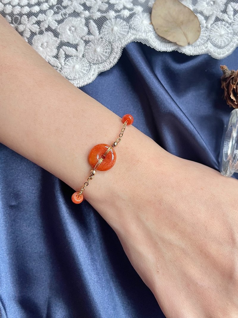 缅甸玉A货翡翠-红翡平安扣翡翠14K包金手链 天然石 礼物 玉 定制 - 手链/手环 - 玉石 红色