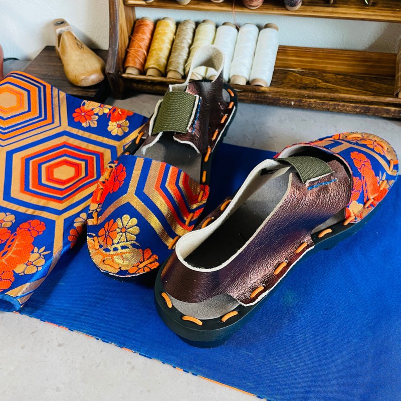 Japan Made 和服腰带 蓝色×金属紫色 凉鞋 - 拖鞋 - 真皮 蓝色
