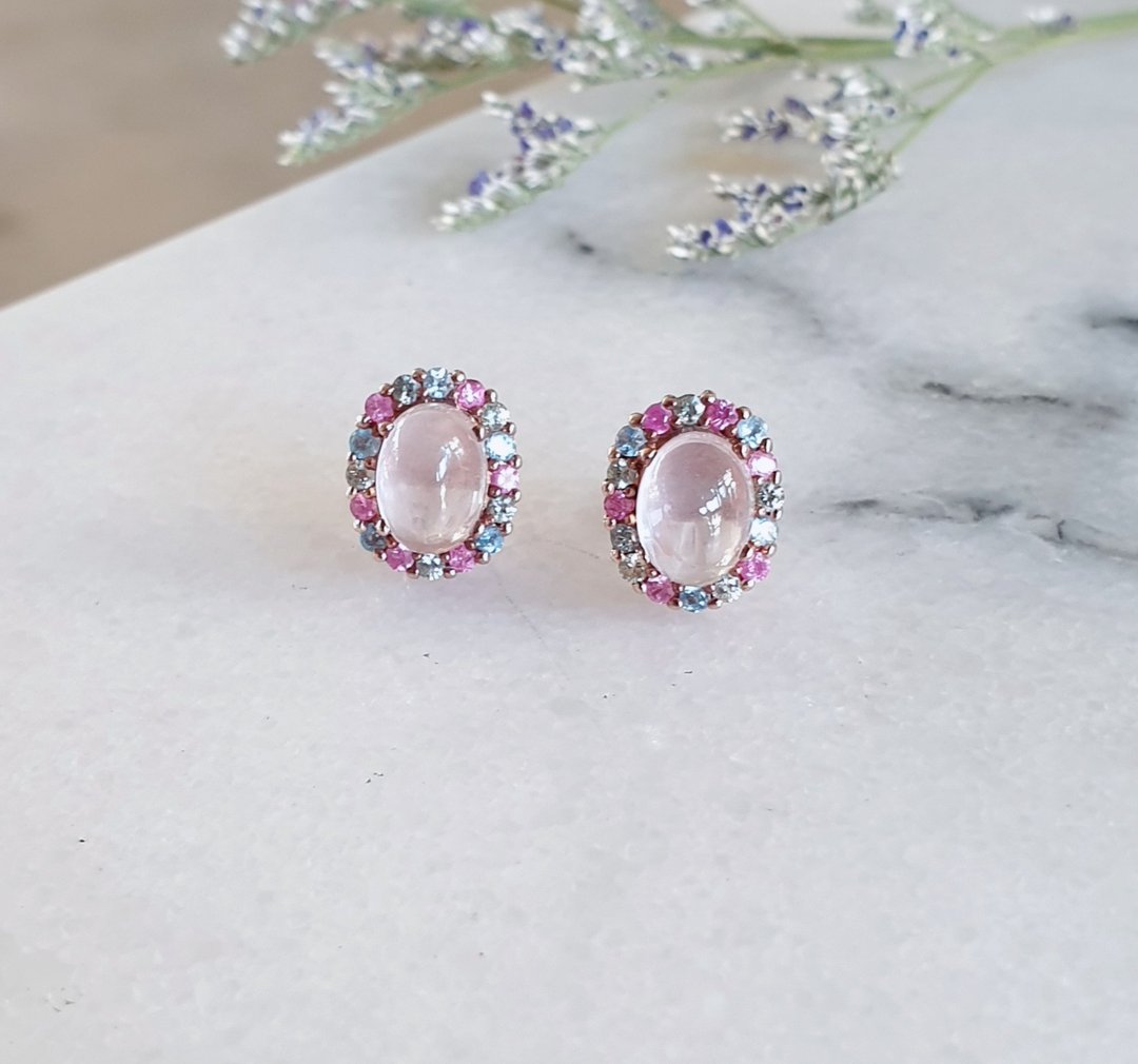 Rose quartz earrings The body is made of real silver plated with pink gold. - 耳环/耳夹 - 半宝石 粉红色