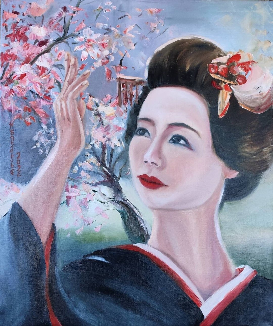日本女人和樱花 原画 绽放自然的温柔风景 拉伸画布上的原创油画 - 墙贴/壁贴 - 其他材质 蓝色