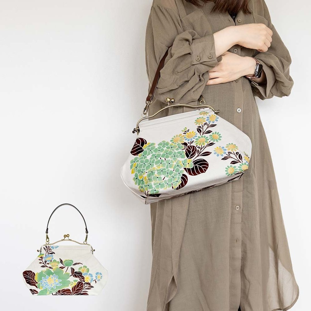 横长便携口金包 球花 Temaribana 手提包 Frame Bag 附牛皮提把 日本制 - 手提包/手提袋 - 棉 绿色
