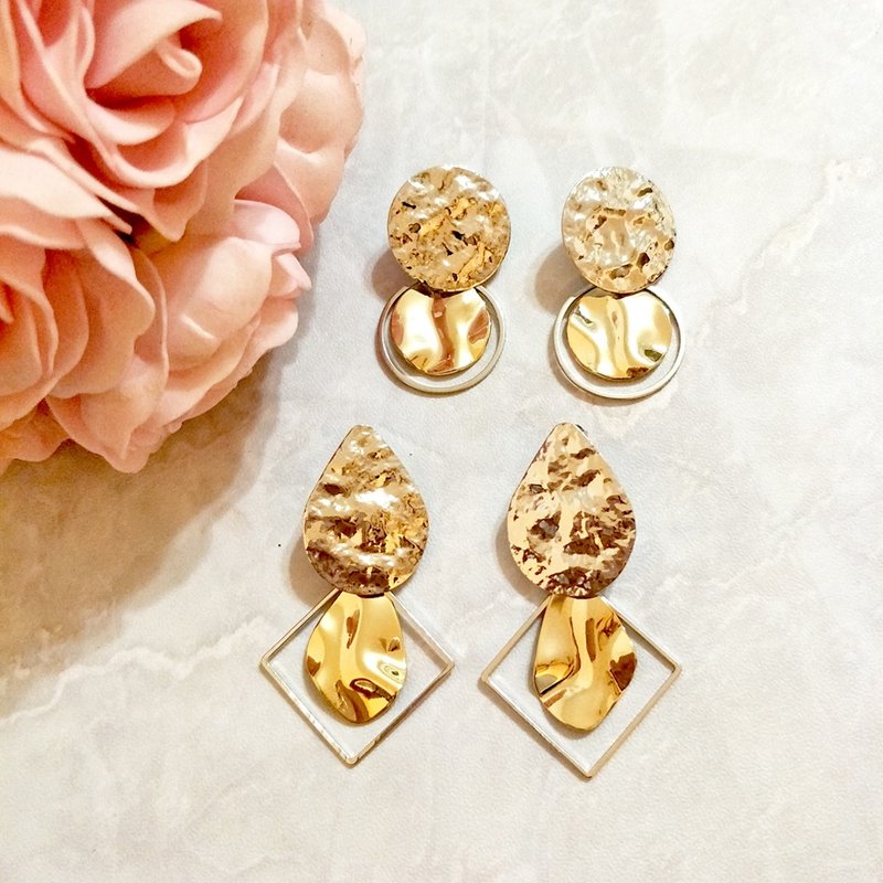 ::极简几何系列:: 混搭简约几何形状 混合颜色耳环 锤纹个性耳环 - 耳环/耳夹 - 其他材质 