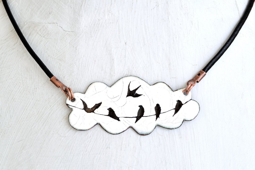 Jewelry, Necklace, Cloud, Birds, Enamel Necklace, Cloud Necklace, Swallow, Enamel Jewelry, Cloud Shaped, Rain Cloud Necklace, Enamel Pendant, Beads, Bird Necklace, - 项链 - 珐琅 白色