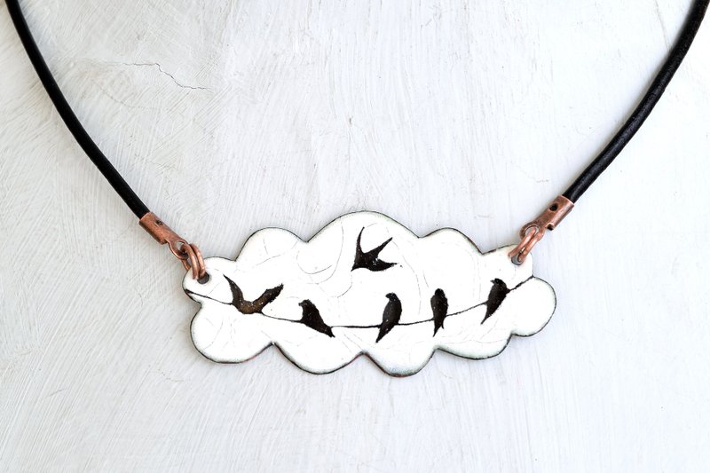 Jewelry, Necklace, Cloud, Birds, Enamel Necklace, Cloud Necklace, Swallow, Enamel Jewelry, Cloud Shaped, Rain Cloud Necklace, Enamel Pendant, Beads, Bird Necklace, - 项链 - 珐琅 白色