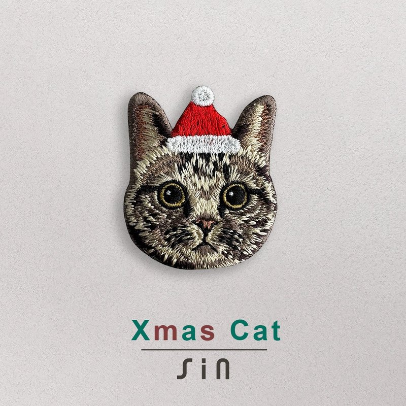 单卡圣诞小猫-刺绣贴纸-呆萌虎斑猫(XHC0007) - 贴纸 - 绣线 红色