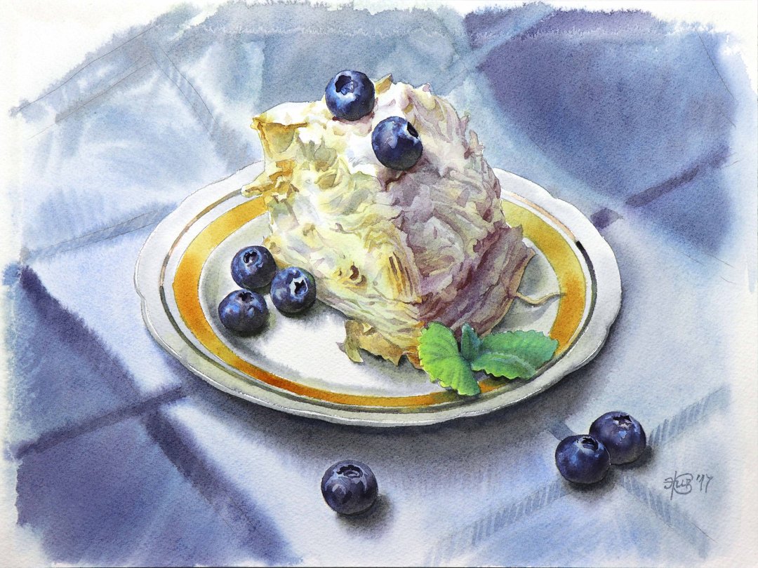 Cake original watercolor painting by artist Irina Zhunaeva - 墙贴/壁贴 - 纸 蓝色