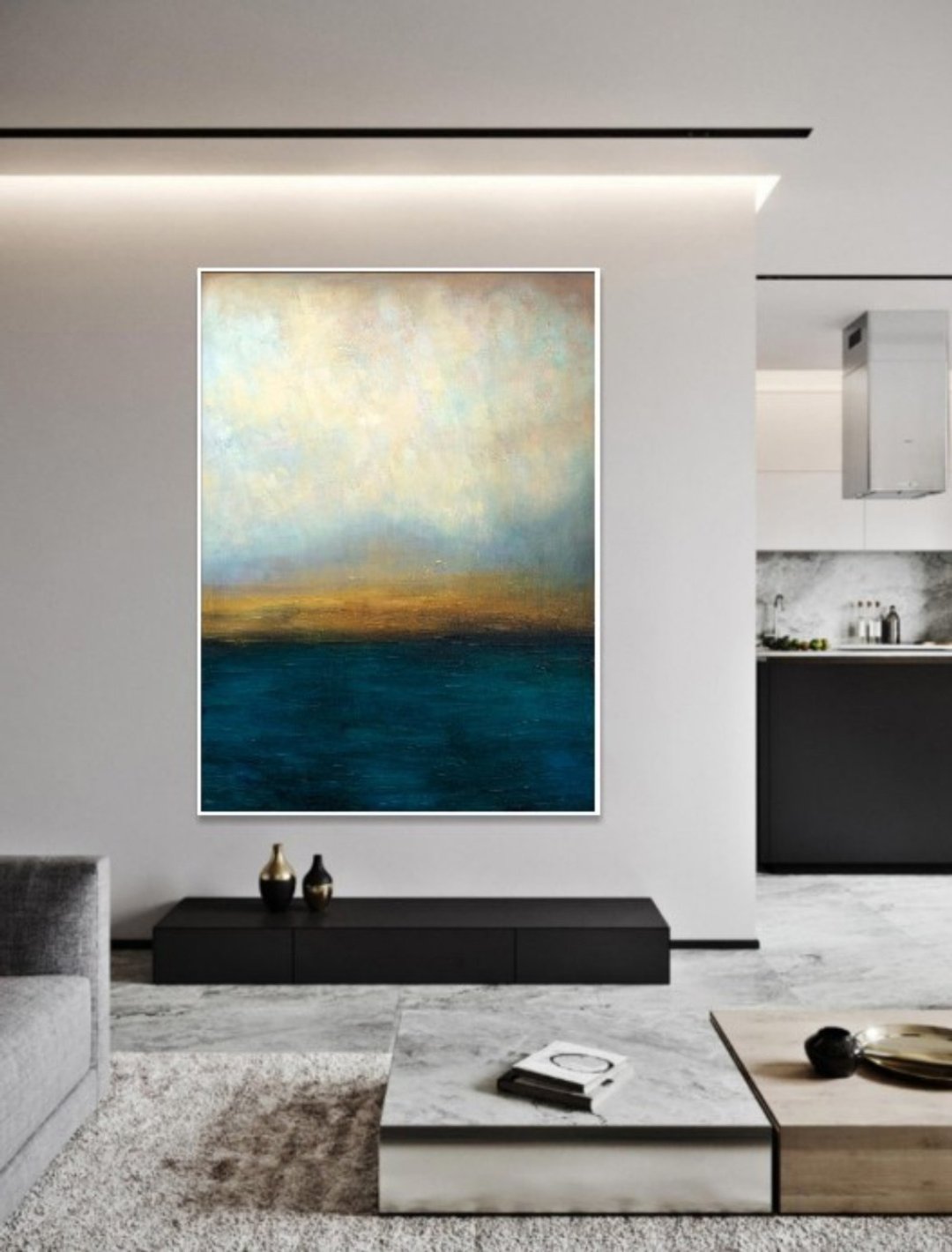 画布上的抽象蓝色和灰色油画现代金箔绘画纹理 - 墙贴/壁贴 - 压克力 多色