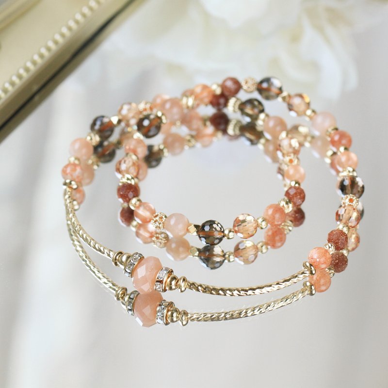 金点太阳石 茶晶 橙月光石 红兔毛 招财贵人运女性健康水晶手链 - 手链/手环 - 水晶 橘色