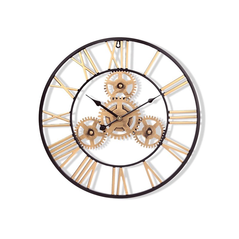 铁制设计时钟 双色黑针齿轮50cm 台制机芯 罗马数字 铁艺钟 简约 - 时钟/闹钟 - 其他金属 金色