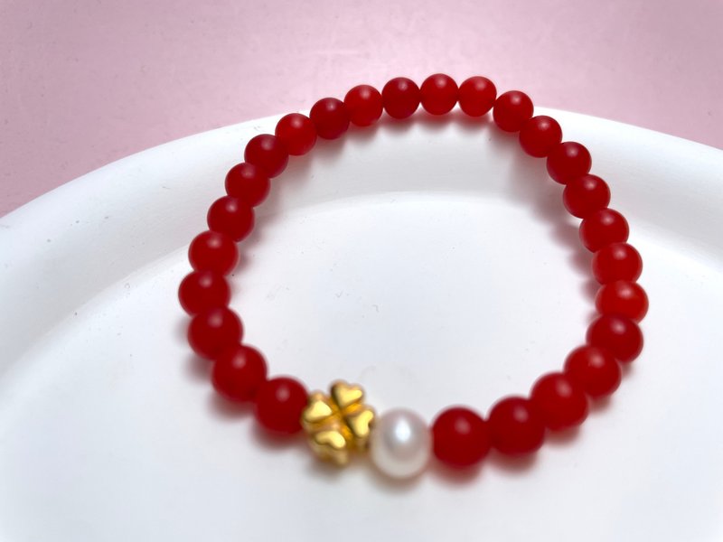 四叶草 天然淡水珍珠 南红玛瑙 18K金 手链 - 手链/手环 - 珍珠 白色