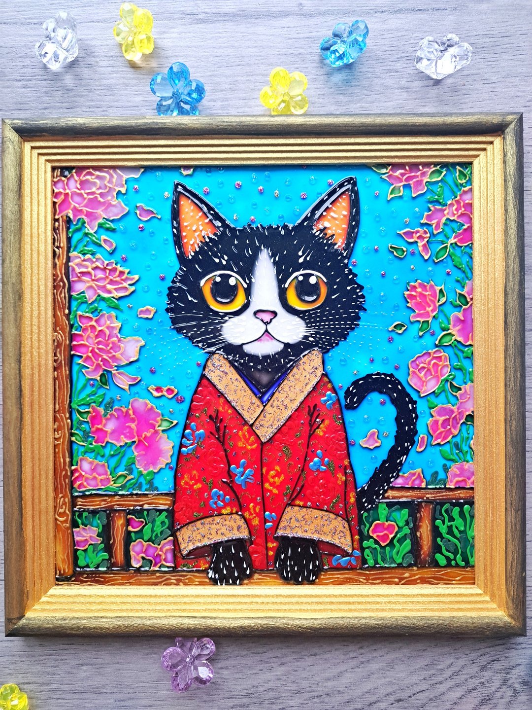 手绘武士黑猫和服原始彩色玻璃画玉兰 - 墙贴/壁贴 - 玻璃 多色