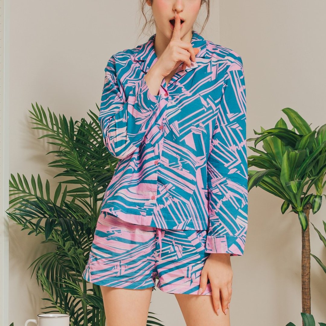 电音节拍 西装领长袖家居服套组(粉蓝) - 居家服/睡衣 - 棉 粉红色