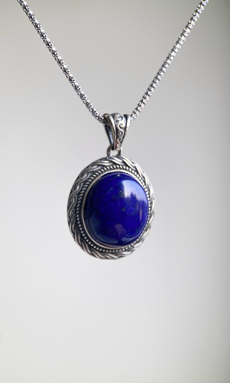 天然阿富汗老矿料青金石 S925银复古古典吊坠项链 - 项链 - 半宝石 