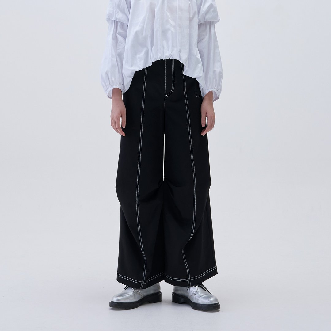 立体侧压褶宽裤 - 女装长裤 - 棉．麻 黑色