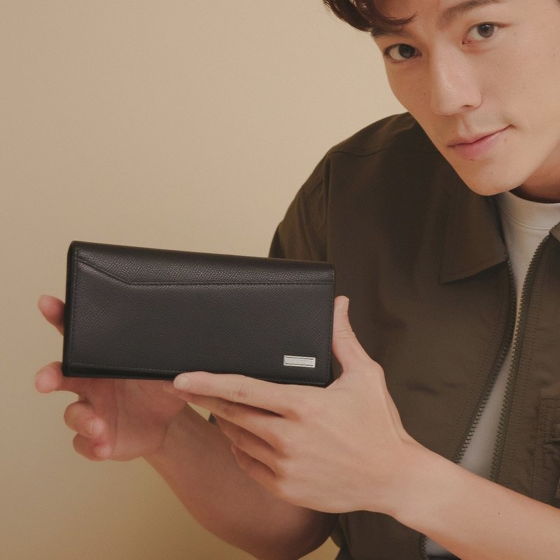 【金安德森】Beau斜切造型单窗翻盖长夹-碳石黑 - 皮夹/钱包 - 真皮 黑色