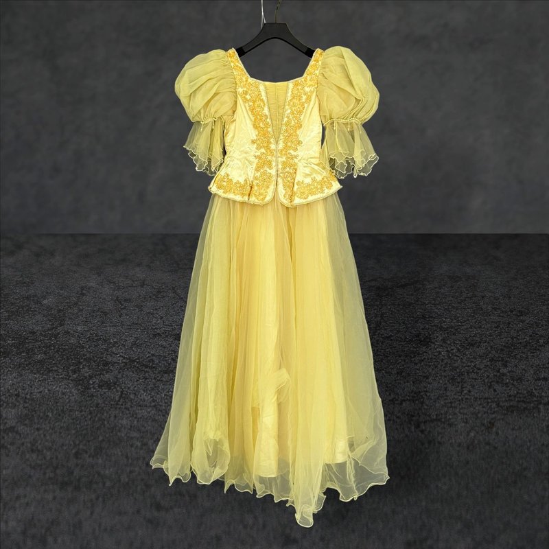 网纱 拼接 缎面 泡袖 手工订制 珠饰 亮片 礼服 短袖 洋装 PMF17 - 晚装/礼服 - 聚酯纤维 黄色