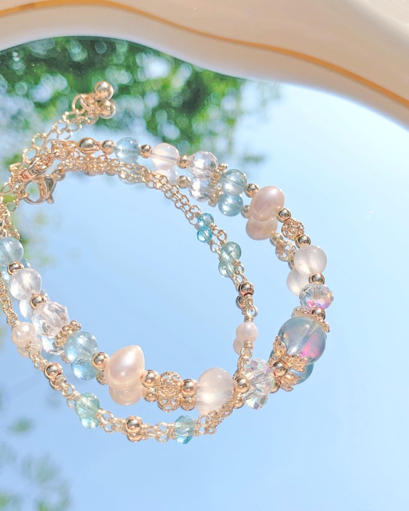 海蓝宝 | 月光石 | 白水晶 | 天然淡水珍珠 | 蓝磷灰 14K包金手链 - 手链/手环 - 水晶 金色
