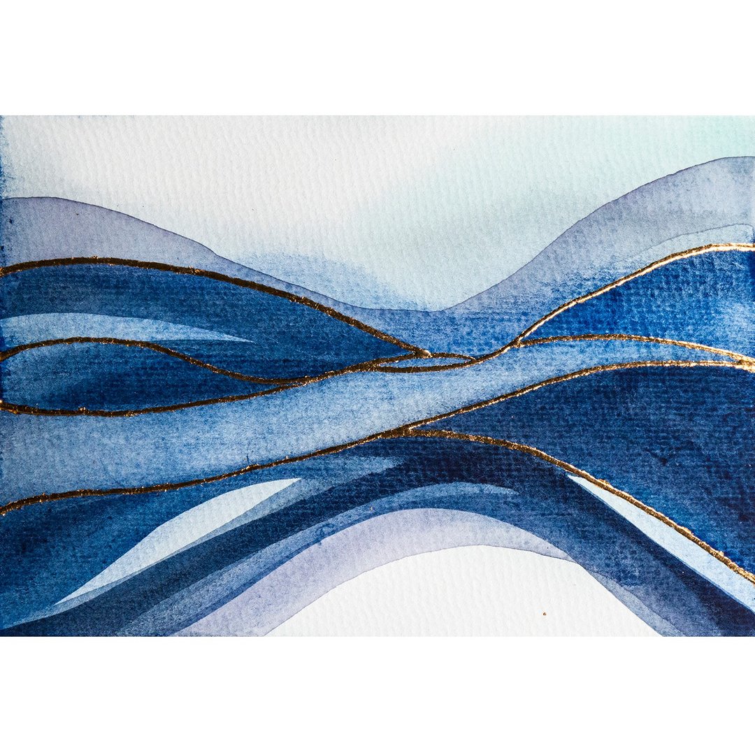 Abstract Watercolor Landscape Original Painting Indigo Blue Gold Wall Art - 海报/装饰画/版画 - 纸 蓝色