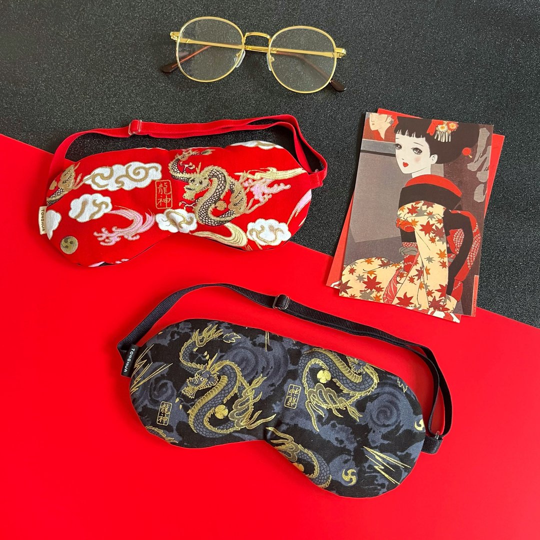 手工有机棉眼罩 龙神 龙 烫金 黑红 棉布 可调整长度 助眠遮光 - 眼罩 - 棉 黑色