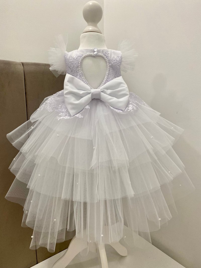 White lace dress with train and pearls, headband, shoes. First birthday gown. - 童装礼服/连衣裙 - 其他材质 白色