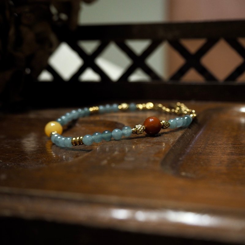 ll 丹翠流金 ll 南红玛瑙 缅黄玉 天然翡翠 天然石手链 BR-00025 - 手链/手环 - 半宝石 多色