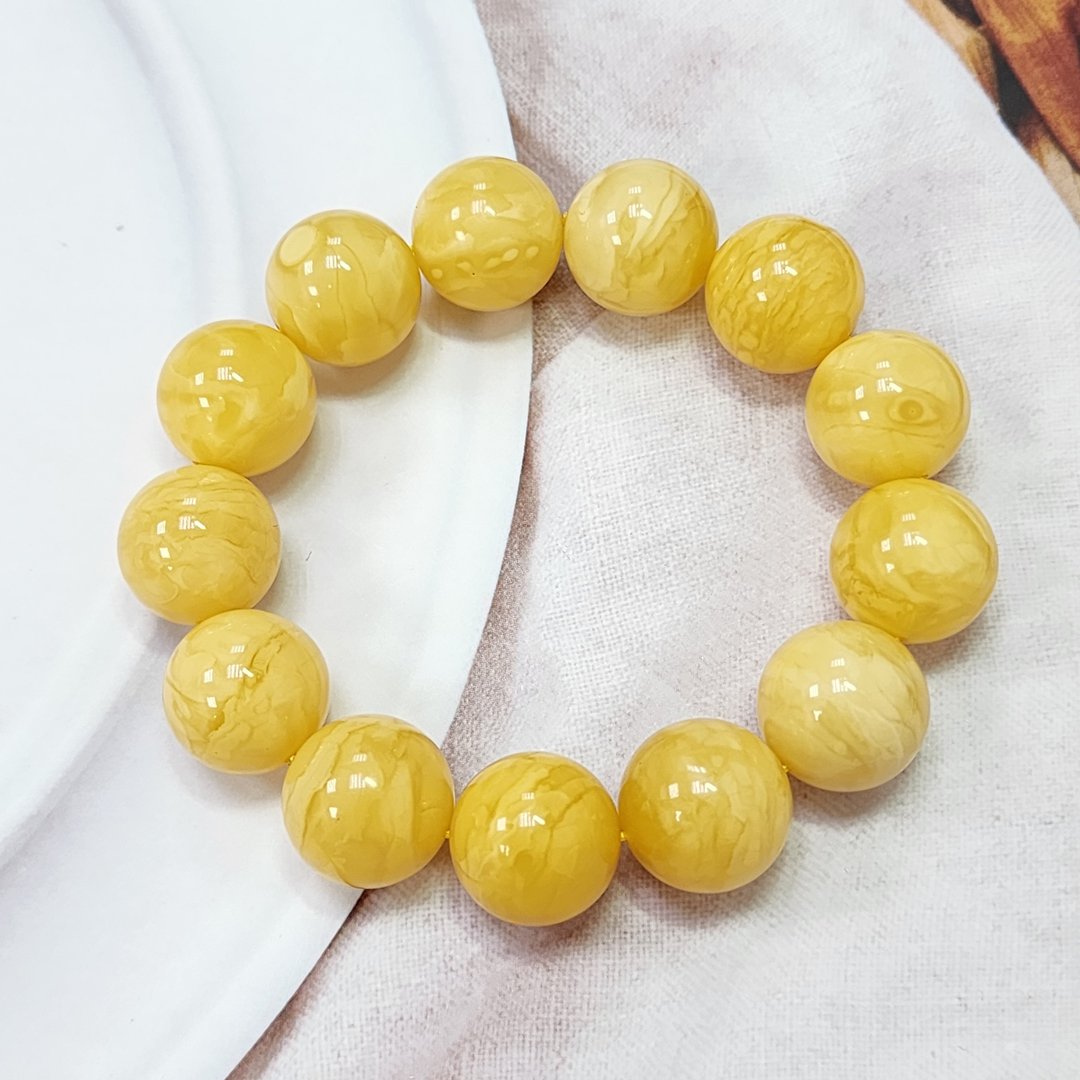 【腾彪琥珀】天然白花蜜蜡手链 16+mm/小年份氧化 收藏等级 - 手链/手环 - 半宝石 黄色