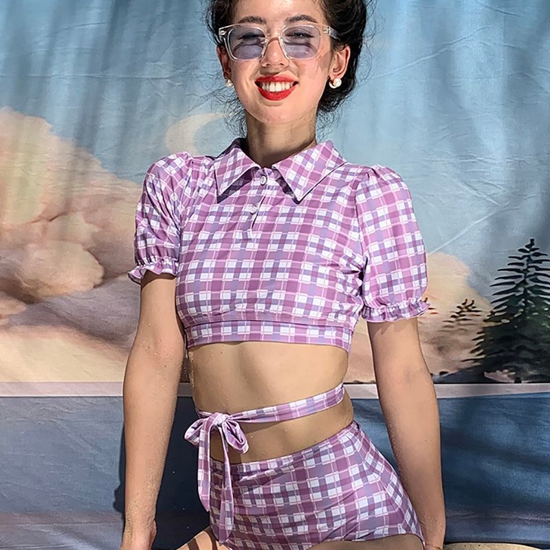 温泉度假 紫格紋 保守日式泳衣 分体三件套 可外穿 - 女装泳衣/比基尼 - 其他材质 