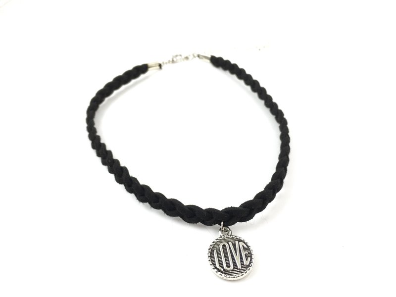 银色Love圆牌麻花颈链 - 项链 - 真皮 黑色