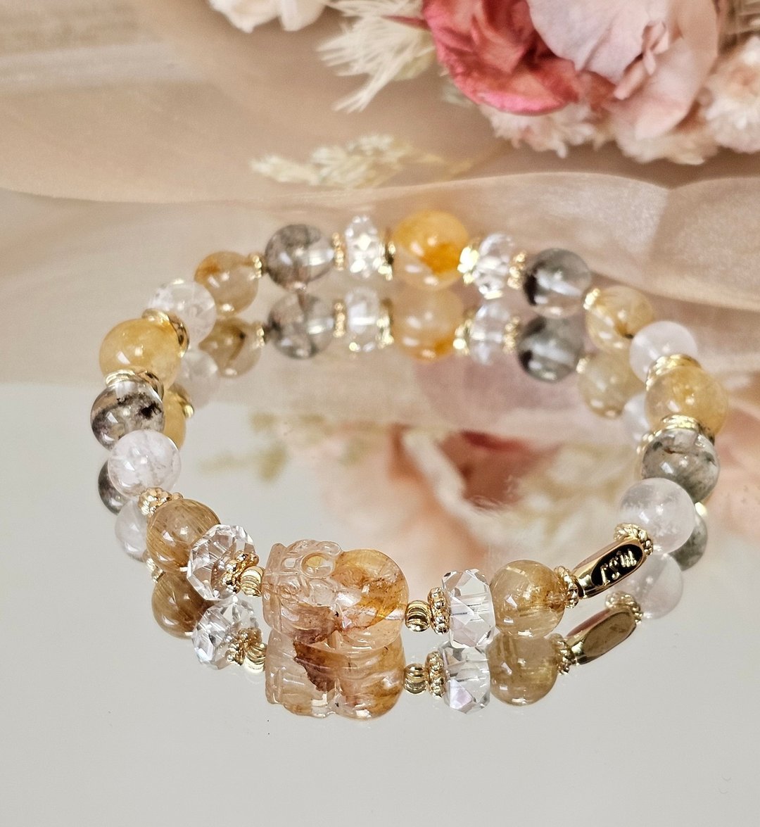 花映绿境 - 黄胶花豼貅/绿幽灵/钛晶/雪花幽灵/白水晶/天然水晶手链 - 手链/手环 - 水晶 多色
