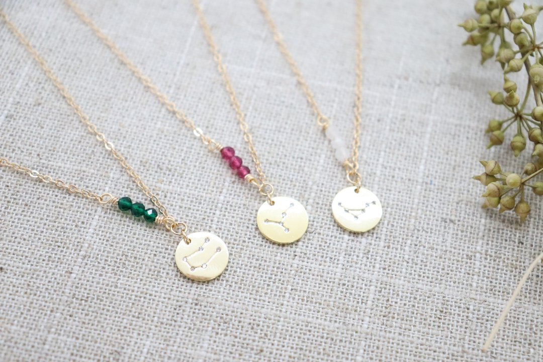 Constellation & Birthstone Minimalist 14KGF Necklace, Zodiac Signs Necklace - 项链 - 水晶 金色