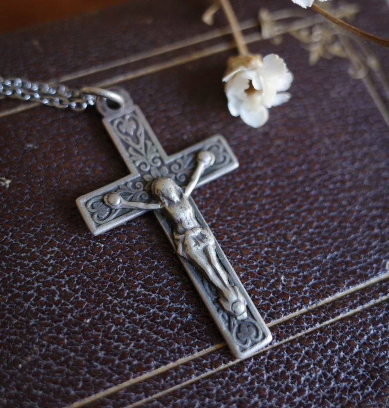 古董法国黑银花卉十字架耶稣基督教会宗教项链 A187 - 项链 - 其他金属 银色