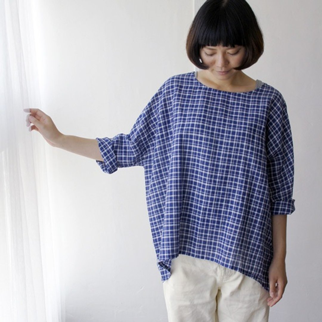 SALE 30％ OFF【armoire*】棉麻格纹七分袖上衣 [gnm-15] - 女装上衣 - 棉 