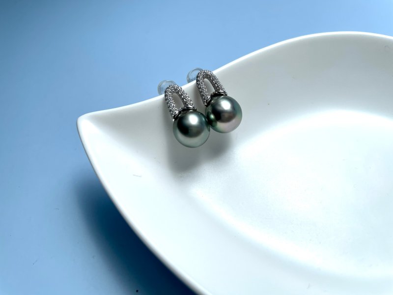 天然海水珍珠 孔雀绿 大溪地黑珍珠 纯银耳环 - 耳环/耳夹 - 珍珠 绿色